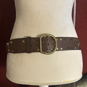 Brown Leather Embossed Floral Belt • Brass Buckle • Boho Western Y2K